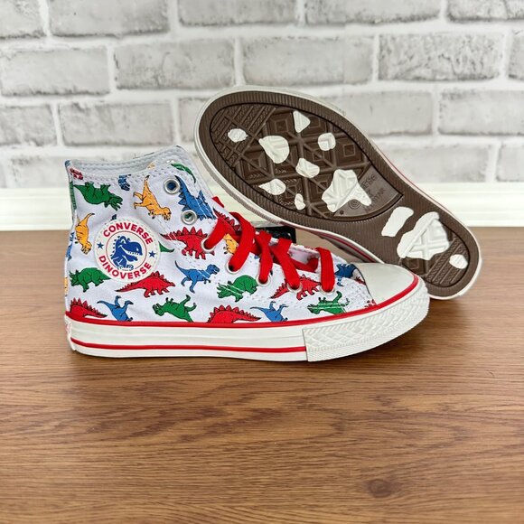 ❤️❤️CONVERSE ALL STAR CTAS HI Dinosaur Sz 2 Kids Shoes Canvas White Red 663636C - Picture 1 of 13